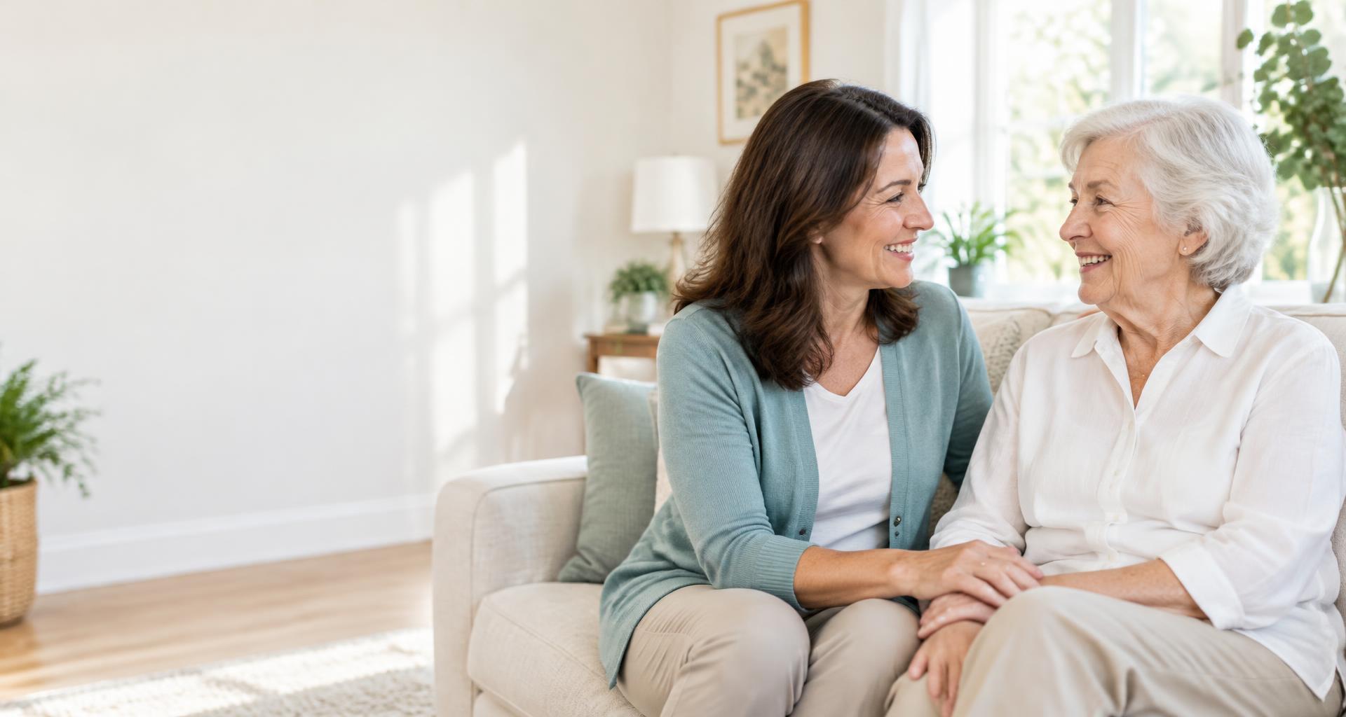 A caregiver sharing a warm conversation with an older woman at home
